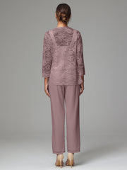 3 Pieces Long Sleeves Chiffon Lace Mother Of The Bride Dress Pants Suits