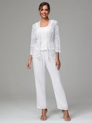 3 Pieces Long Sleeves Chiffon Lace Mother Of The Bride Dress Pants Suits