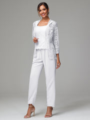 3 Pieces Long Sleeves Chiffon Lace Mother Of The Bride Dress Pants Suits