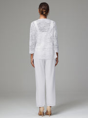 3 Pieces Long Sleeves Chiffon Lace Mother Of The Bride Dress Pants Suits