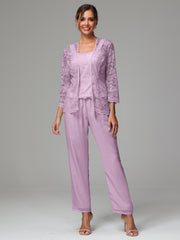 3 Pieces Long Sleeves Chiffon Lace Mother Of The Bride Dress Pants Suits