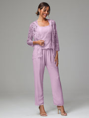 3 Pieces Long Sleeves Chiffon Lace Mother Of The Bride Dress Pants Suits