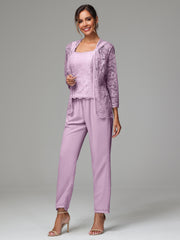 3 Pieces Long Sleeves Chiffon Lace Mother Of The Bride Dress Pants Suits