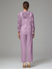 3 Pieces Long Sleeves Chiffon Lace Mother Of The Bride Dress Pants Suits