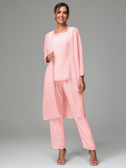 3 Pieces Long Sleeves Chiffon Mother Of The Bride Dress Pants Suits