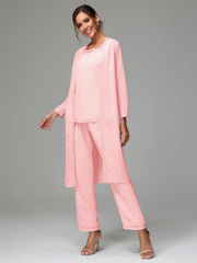 3 Pieces Long Sleeves Chiffon Mother Of The Bride Dress Pants Suits