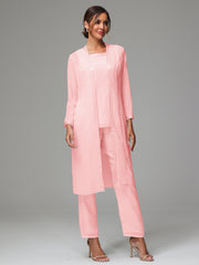 3 Pieces Long Sleeves Chiffon Mother Of The Bride Dress Pants Suits