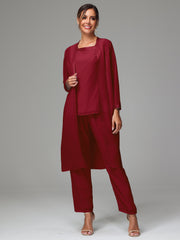 3 Pieces Long Sleeves Chiffon Mother Of The Bride Dress Pants Suits