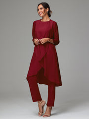 3 Pieces Long Sleeves Chiffon Mother Of The Bride Dress Pants Suits