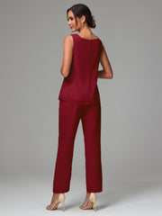 3 Pieces Long Sleeves Chiffon Mother Of The Bride Dress Pants Suits