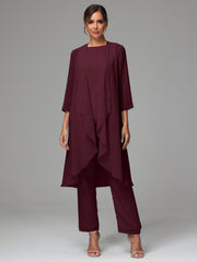 3 Pieces Long Sleeves Chiffon Mother Of The Bride Dress Pants Suits