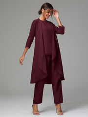 3 Pieces Long Sleeves Chiffon Mother Of The Bride Dress Pants Suits