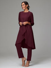 3 Pieces Long Sleeves Chiffon Mother Of The Bride Dress Pants Suits