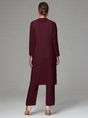 3 Pieces Long Sleeves Chiffon Mother Of The Bride Dress Pants Suits