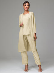 3 Pieces Long Sleeves Chiffon Mother Of The Bride Dress Pants Suits