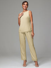 3 Pieces Long Sleeves Chiffon Mother Of The Bride Dress Pants Suits