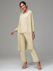 3 Pieces Long Sleeves Chiffon Mother Of The Bride Dress Pants Suits