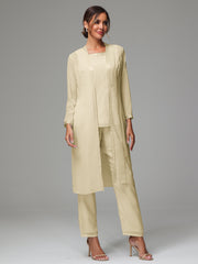 3 Pieces Long Sleeves Chiffon Mother Of The Bride Dress Pants Suits