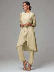 3 Pieces Long Sleeves Chiffon Mother Of The Bride Dress Pants Suits