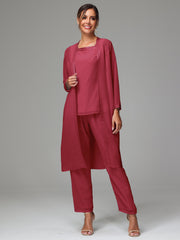 3 Pieces Long Sleeves Chiffon Mother Of The Bride Dress Pants Suits