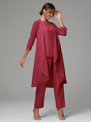 3 Pieces Long Sleeves Chiffon Mother Of The Bride Dress Pants Suits