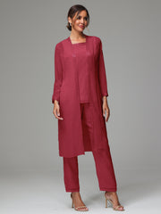 3 Pieces Long Sleeves Chiffon Mother Of The Bride Dress Pants Suits
