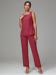 3 Pieces Long Sleeves Chiffon Mother Of The Bride Dress Pants Suits