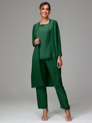 3 Pieces Long Sleeves Chiffon Mother Of The Bride Dress Pants Suits