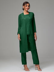 3 Pieces Long Sleeves Chiffon Mother Of The Bride Dress Pants Suits