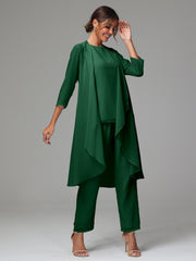 3 Pieces Long Sleeves Chiffon Mother Of The Bride Dress Pants Suits