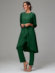 3 Pieces Long Sleeves Chiffon Mother Of The Bride Dress Pants Suits