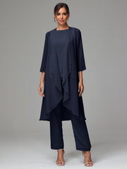 3 Pieces Long Sleeves Chiffon Mother Of The Bride Dress Pants Suits