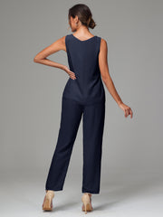 3 Pieces Long Sleeves Chiffon Mother Of The Bride Dress Pants Suits