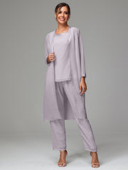 3 Pieces Long Sleeves Chiffon Mother Of The Bride Dress Pants Suits
