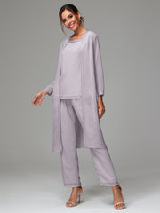 3 Pieces Long Sleeves Chiffon Mother Of The Bride Dress Pants Suits