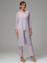 3 Pieces Long Sleeves Chiffon Mother Of The Bride Dress Pants Suits