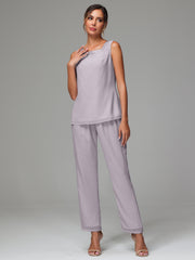 3 Pieces Long Sleeves Chiffon Mother Of The Bride Dress Pants Suits