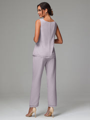 3 Pieces Long Sleeves Chiffon Mother Of The Bride Dress Pants Suits