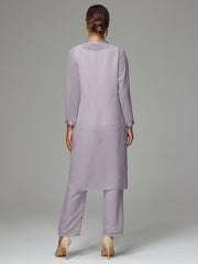 3 Pieces Long Sleeves Chiffon Mother Of The Bride Dress Pants Suits