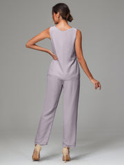 3 Pieces Long Sleeves Chiffon Mother Of The Bride Dress Pants Suits