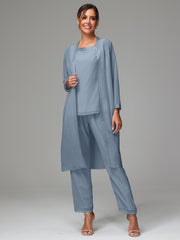 3 Pieces Long Sleeves Chiffon Mother Of The Bride Dress Pants Suits