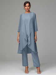 3 Pieces Long Sleeves Chiffon Mother Of The Bride Dress Pants Suits