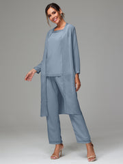 3 Pieces Long Sleeves Chiffon Mother Of The Bride Dress Pants Suits