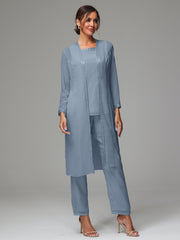 3 Pieces Long Sleeves Chiffon Mother Of The Bride Dress Pants Suits