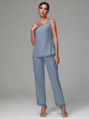 3 Pieces Long Sleeves Chiffon Mother Of The Bride Dress Pants Suits