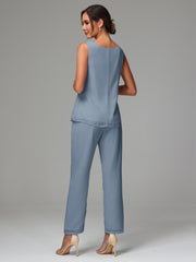 3 Pieces Long Sleeves Chiffon Mother Of The Bride Dress Pants Suits