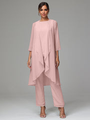 3 Pieces Long Sleeves Chiffon Mother Of The Bride Dress Pants Suits