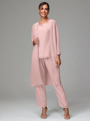 3 Pieces Long Sleeves Chiffon Mother Of The Bride Dress Pants Suits