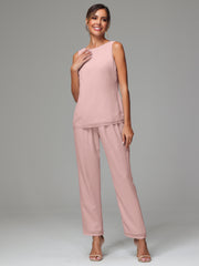 3 Pieces Long Sleeves Chiffon Mother Of The Bride Dress Pants Suits