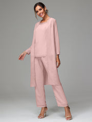 3 Pieces Long Sleeves Chiffon Mother Of The Bride Dress Pants Suits